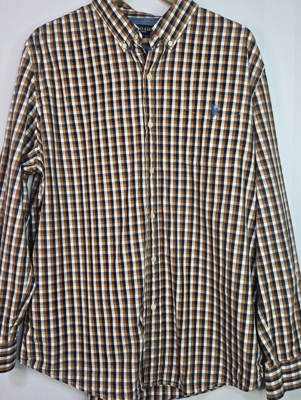 RALPH LAUREN US POLO ASSN Men’s Size XL L/Sl Tan/Navy Plaid Button-Down Shirt